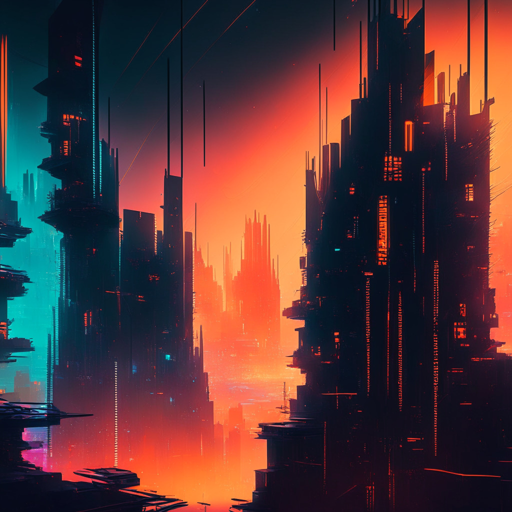 Futuristic cityscape with blockchain networks, contrasting light and shadow, warm and cool color palette, abstract cyberspace patterns, cyberpunk aesthetic, glowing projections of pros and cons, atmospheric haze, dynamic composition, sense of exploration and conflict, subdued emotions, mysterious mood.