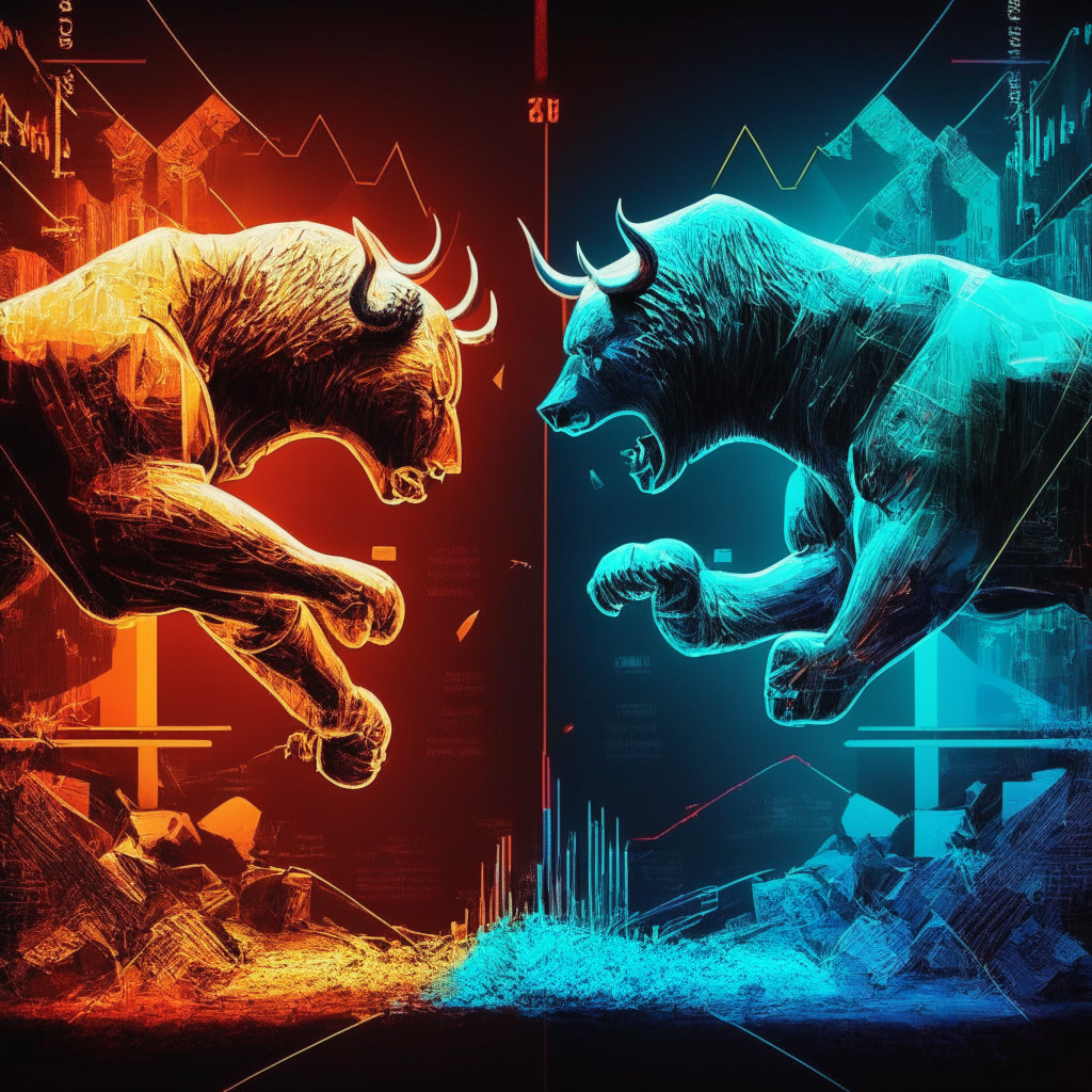 Intricate, colorful financial battlefield, contrasting light & shadow, chaos & order, bear & bull tension, intense mood, memecoin personalities clashing, prominent Wall Street Bets reference, dramatic market charts & graphs, stylized caution signs, cryptocurrency elements, no logos or brands.