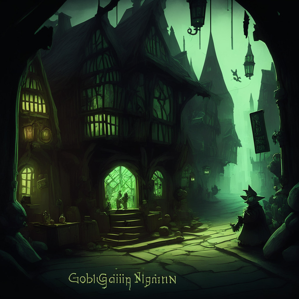 Mysterious Goblintown scene, contrasting light and shadows, ethical dilemma aura, focused on NFT traders, artistic dark mint theme, feeling of resilience and community, hint of meme coin integration, underlying privacy concerns, cutting-edge Web3 technology ambiance, unique approach intrigue.