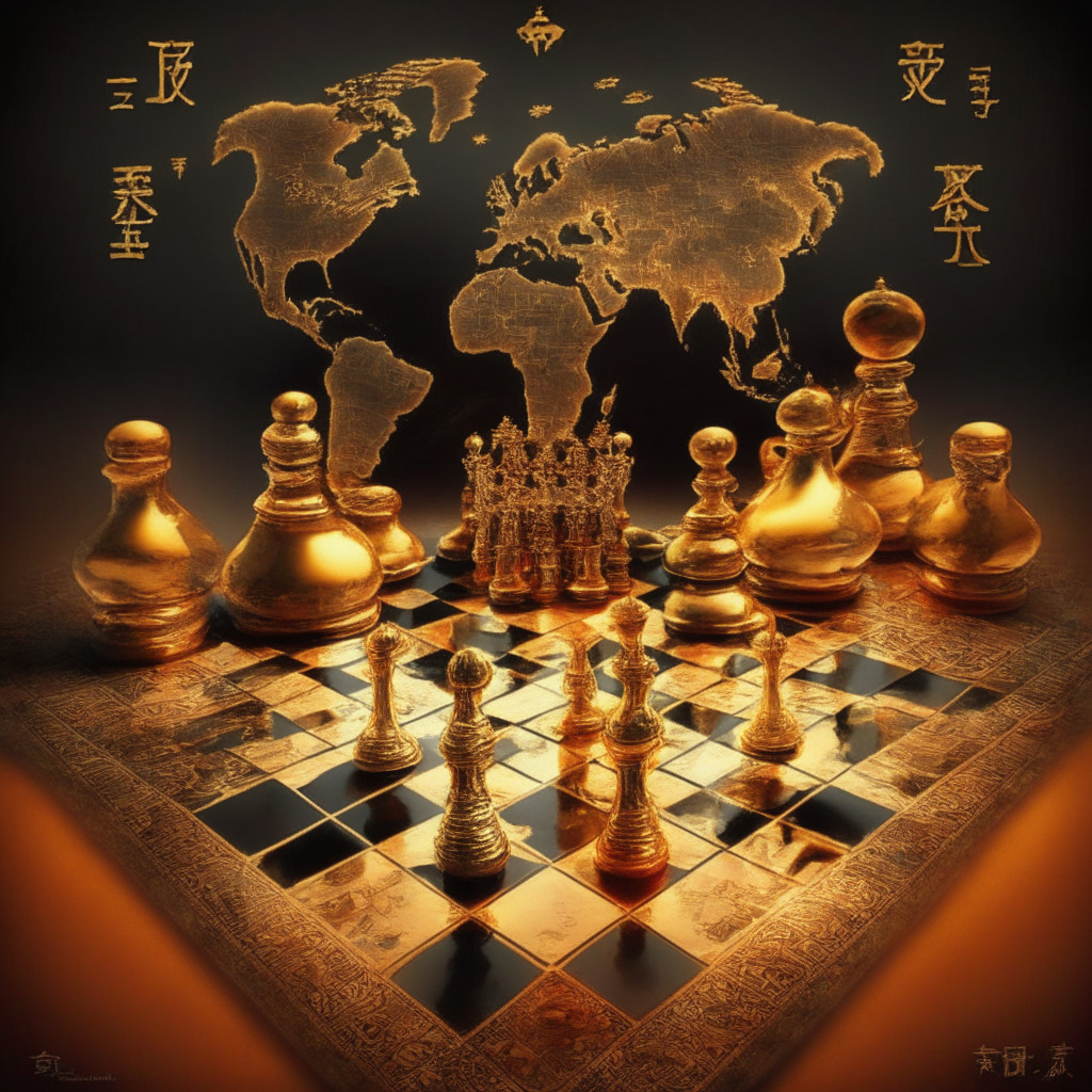 Intricate financial chessboard, Chinese yuan & Russian ruble, economic strategy shift, golden light of opportunity, chiaroscuro effect, sense of stability & resilience, BRICS cooperation, oil barrels discreetly shuffled, sanctions circumvented, hopeful future tone.