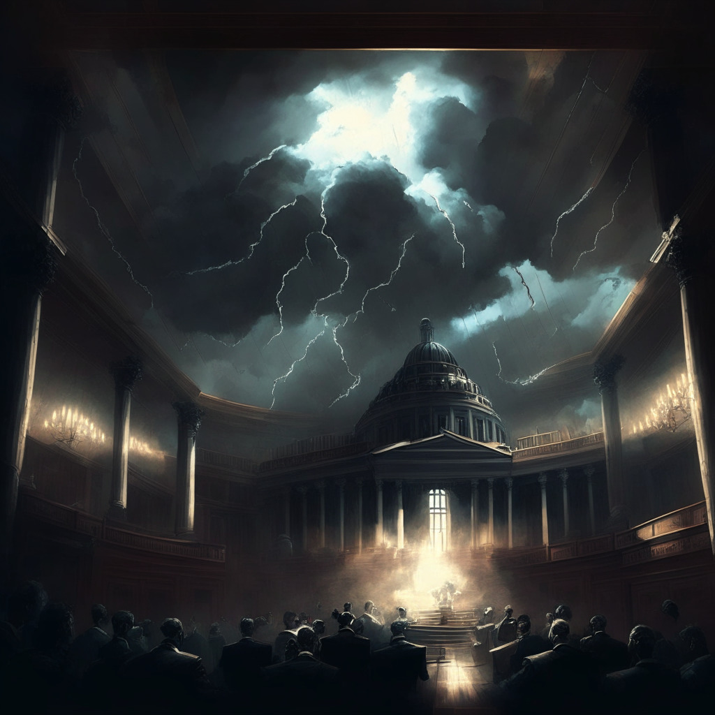 Intricate legislative chamber, digital currency symbols hovering in the air, stormy clouds above, chiaroscuro lighting, baroque-inspired atmosphere. Lawmakers engaging in heated discussion, some in dismay, others in agreement. Tension, apprehensiveness, with a glimpse of hope for innovation within the financial landscape. (349 characters)