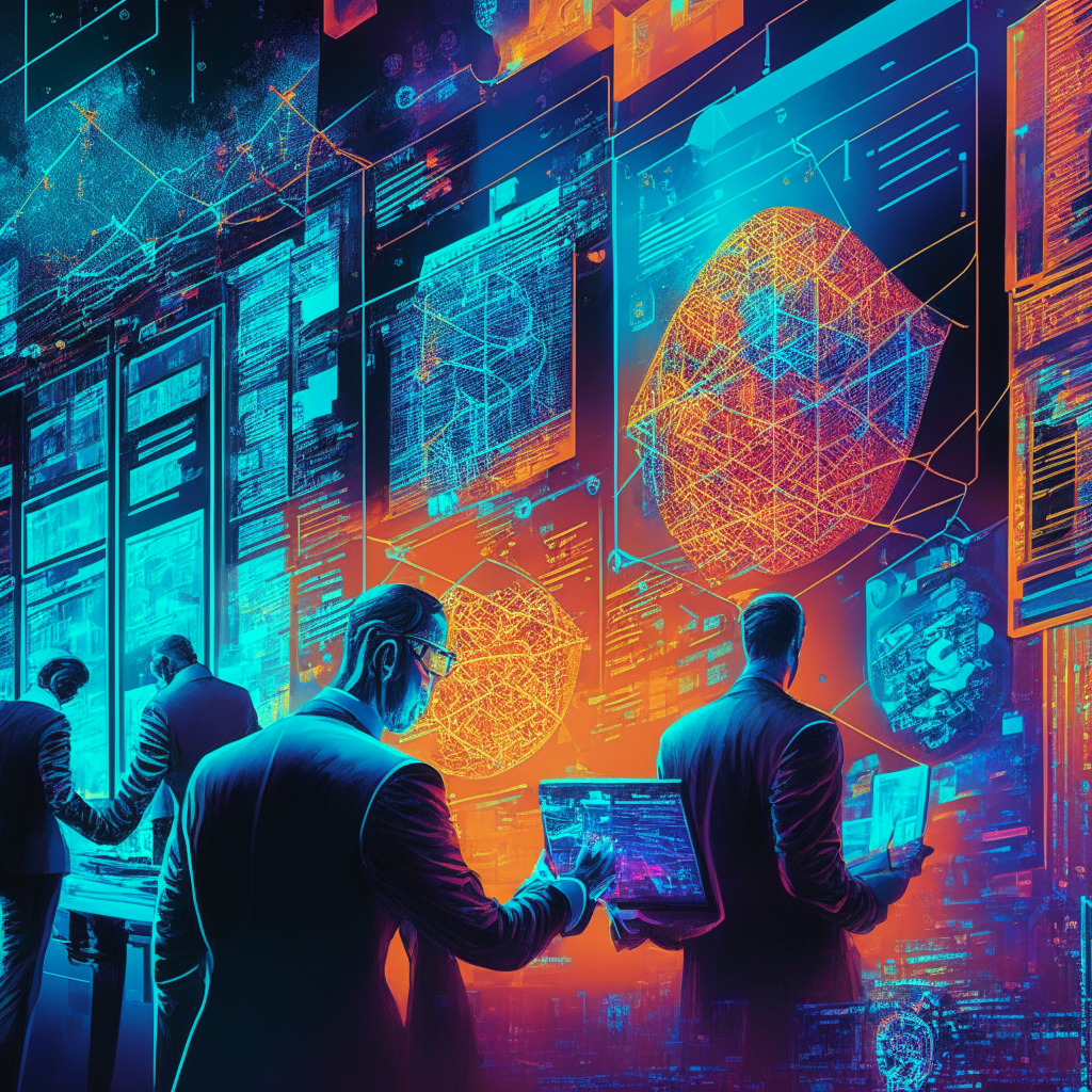Crypto exchange scene, intricate design elements, intense lighting, regulators scrutinizing activities, strategic shift focus with somber mood, global derivatives platform launch, balance of innovation & security, uncertain future, vivid colors reflecting market fluctuations.