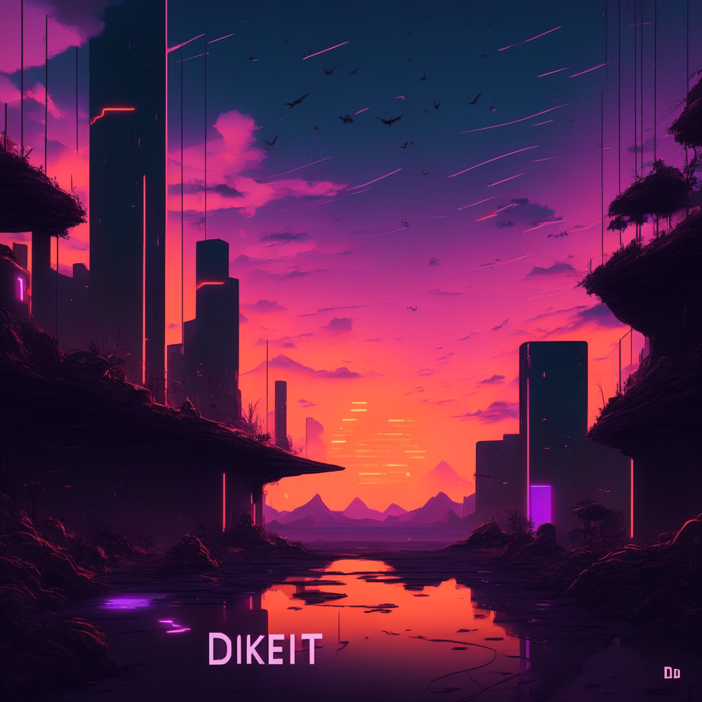 Dusk-lit DeFi landscape, Layer-1 blockchain technology, Mood: ambiguous yet optimistic, Art style: cyberpunk, parallel transactions, sub-second finality, diverse dApps & NFTs, Delegated Proof-of-Stake mechanism, challenge of decentralization, token's fluctuating price, future potential.