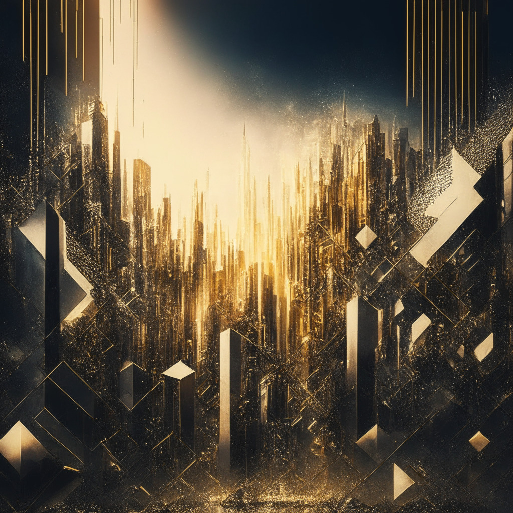 Intricate blockchain cityscape, decentralized exchange with futuristic staking, moody chiaroscuro lighting, gold and silver tones reflecting optimism and caution, dynamic composition, contrasting smooth and jagged textures, abstract DeFi (Decentralized Finance) elements, delicate balance of opportunity and risk, metamorphic characters symbolizing innovation and speculation.