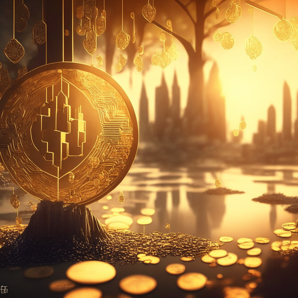 Intricate crypto staking scene, warm golden light, modern artistic style, ambient mood, Ethereum ecosystem, blockchain technology, institutional investors, adoption challenges, financial landscape, Alluvial software, regulatory compliance, optimistic future, Ethereum Shanghai upgrade, growth potential, transparency, minimal risk.