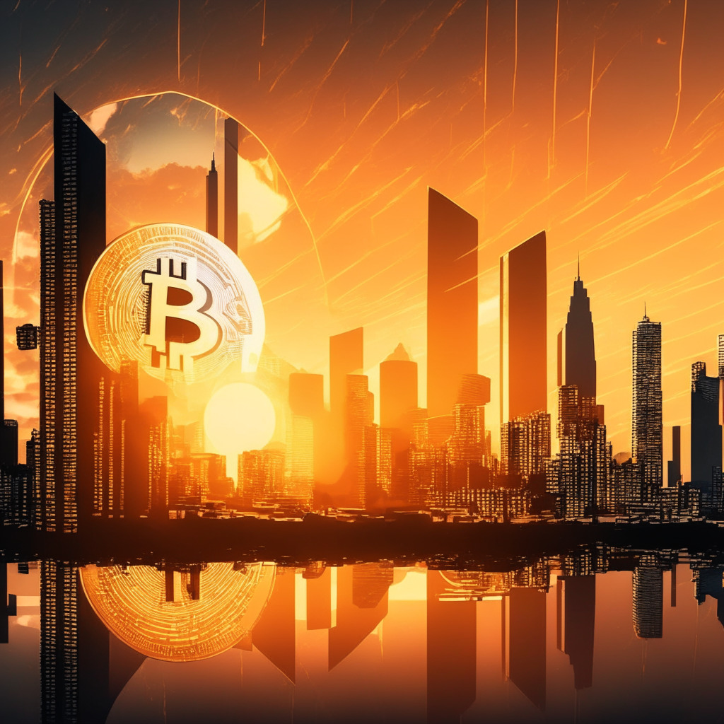 Abstract cryptocurrency landscape, futuristic city skyline, Bitcoin symbol rising, warm sunset hues, intense upward beams of light, shadows elongating, contrasting mix of calm and anticipation, U.S. Federal Reserve building subtly present, WallStreetBets token falling, ethereal digital atmosphere, hint of volatility.