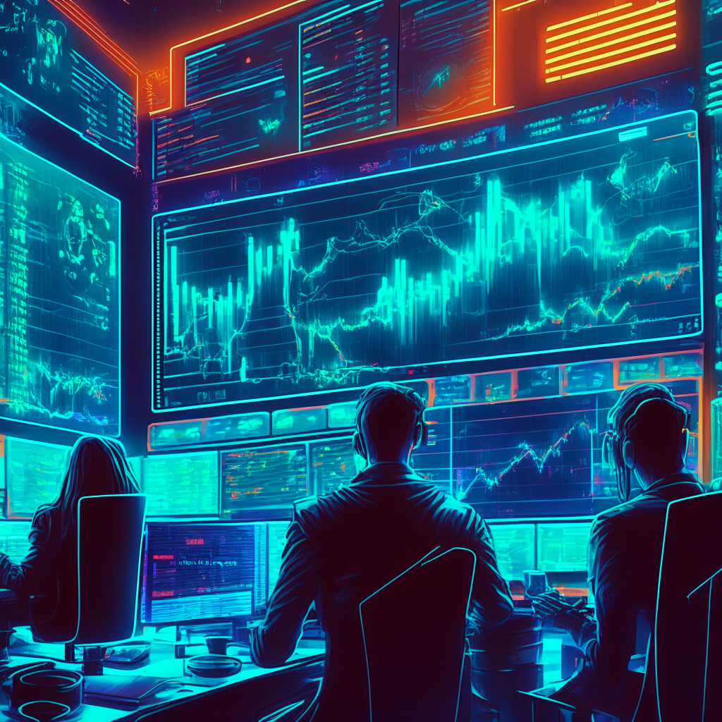 Futuristic trading scene: neon-lit stock exchange, traders analyzing data and trends, PEPE and SUI cryptocurrency symbols displayed prominently, dynamic, fast-paced atmosphere, high contrast lighting, intricate details on graphs and screens, vivid colors, cyberpunk art style, air of anticipation and excitement. Max 50x leverage highlighted.