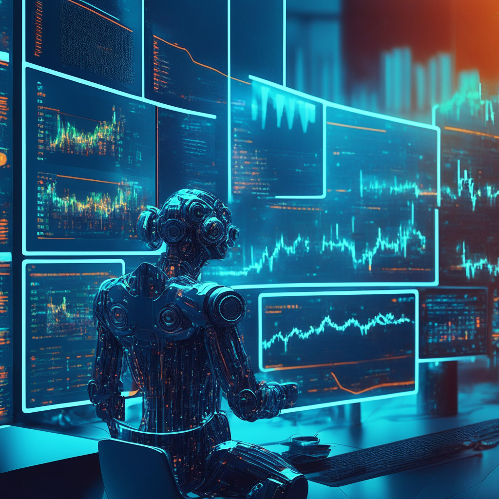 AI-powered trading bot at work, Binance API integration, mature trading strategies, deep learning algorithms, real-time market data analysis, natural language processing, dynamic market adaptation, smart investment decisions, warm glowing lights, futuristic trading environment, contrasting moods of excitement and caution, advanced technology in motion.