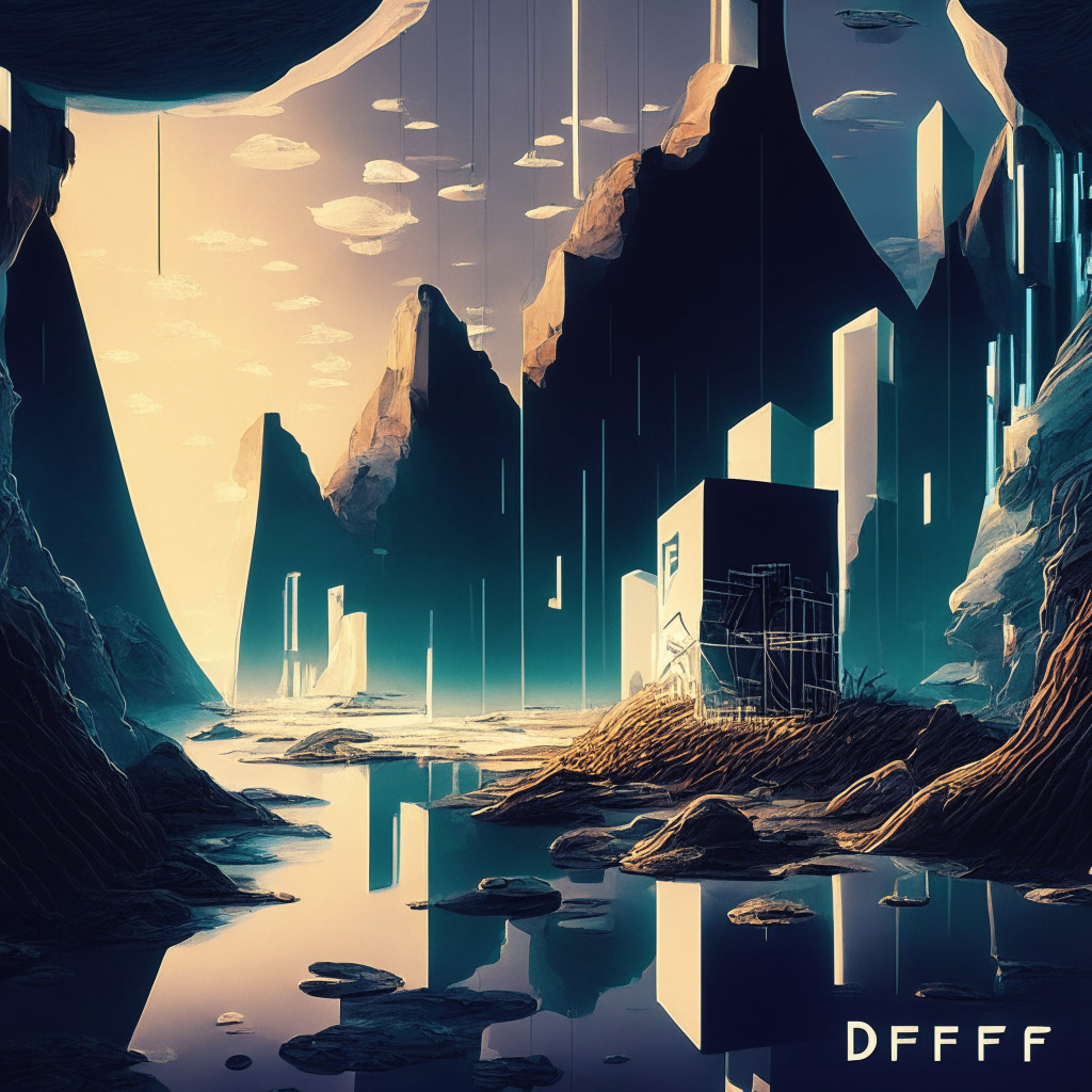 Cryptocurrency landscape: DeFi platform competition, NFT-inspired literature, Layer-1 blockchain, crypto gambling growth, privacy concerns, Coinbase International Exchange, regulatory developments, electricity tax, scam awareness, balancing innovation with skepticism. Artistic style: Futuristic, contrasting light and shadows, dynamic composition, mood of cautious optimism.