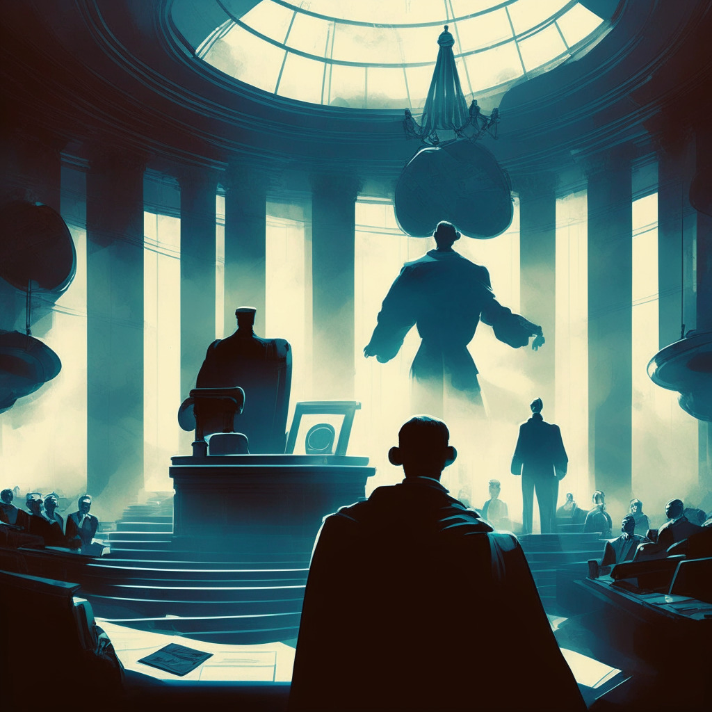 Dramatic courtroom scene, contrasting light & shadow, two main figures representing SEC & Coinbase in legal battle, in background an oversized scale balancing regulation & innovation, digital assets & crypto symbols subtly incorporated, tense atmosphere, hint of futuristic financial tech elements.