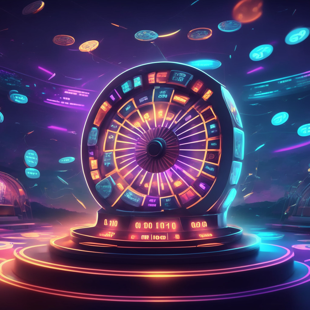 Futuristic betting platform scene, players spinning wheel, 10 ETH prize, warm and inviting atmosphere, dusk lighting, transparent blockchain backdrop, joyful mood, subtle air of caution, diverse group with referral codes, array of casino games visible, no brands or logos.