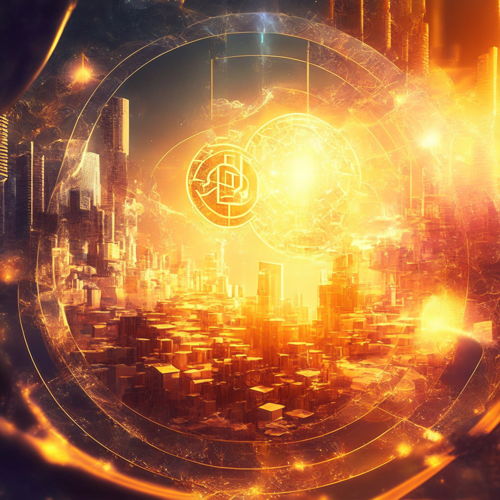 Intricate blockchain scene, DeFi and traditional finance fusion, dApps accessing real-world asset data, warm golden light rays, dynamic composition, energetic mood, Cosmos ecosystem elements, slight hint of uncertainty, futuristic financial landscape, merging worlds.