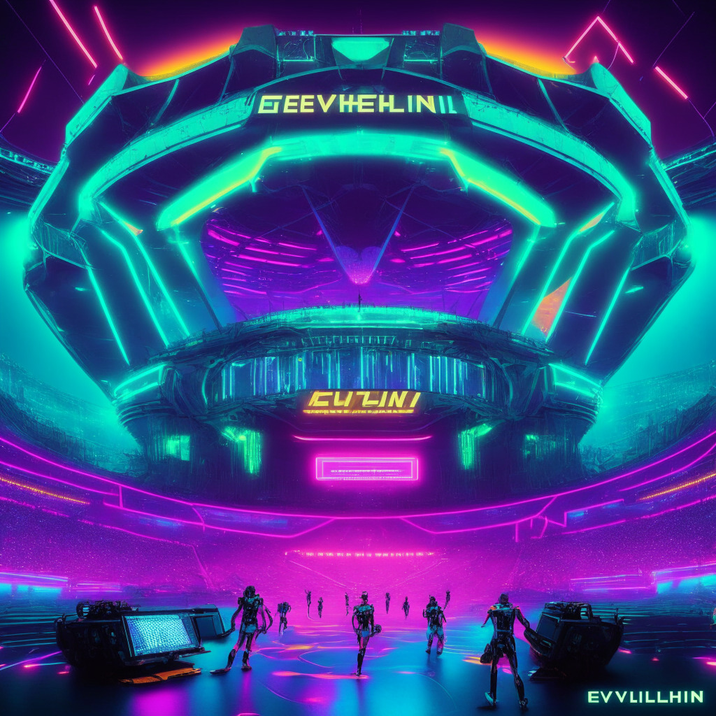 Futuristic stadium in the Everdome metaverse, Jack Grealish and Oliver Heldens as metahuman avatars, exclusive DJ set, vibrant neon lights, cyberpunk atmosphere, ecstatic virtual concert crowd, dynamic new collaboration track, immersive 3D environment, cutting-edge Web3 tech, blending sports & music, nostalgic yet innovative mood.