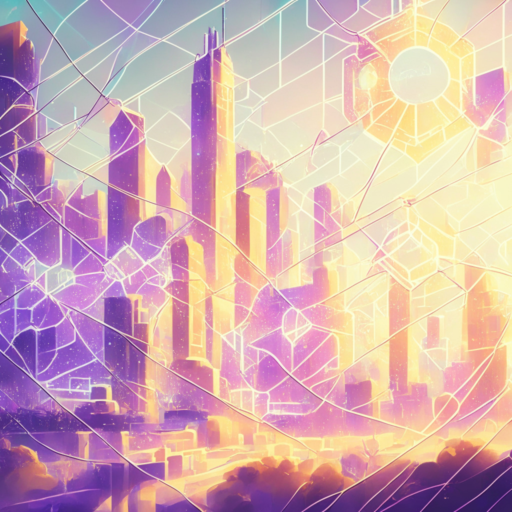 Ethereum Attestation Service on Optimism blockchain, sunlit futuristic city representing trust, DeFi users with varying reputation scores, community voting scene, welcoming and transparent mood, soft pastel colors, impressionist style, shimmering light reflections, interconnected chain links signifying strong network connections.