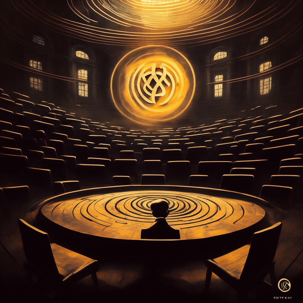 Mysterious Ripple-SEC meeting, shadowy courtroom, intense legal debate, XRP price manipulation suspicion, cautious optimism, warm hopeful light, contrasts of dark uncertainty, autumnal hues, swirling doubts, potential mainstream adoption, shifting crypto landscape.
