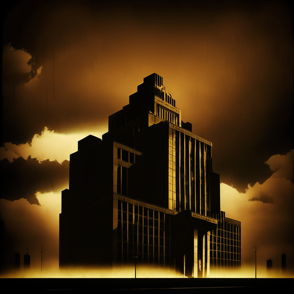 Doomed bank building silhouette, golden Bitcoin glow, ominous stormy sky, modern-art style, chiaroscuro light setting, despair meets prosperity, financial uneasiness. Regional banks struggle, crypto thrives, dynamic contrast between traditional and digital economy, moody atmosphere. (257 characters)