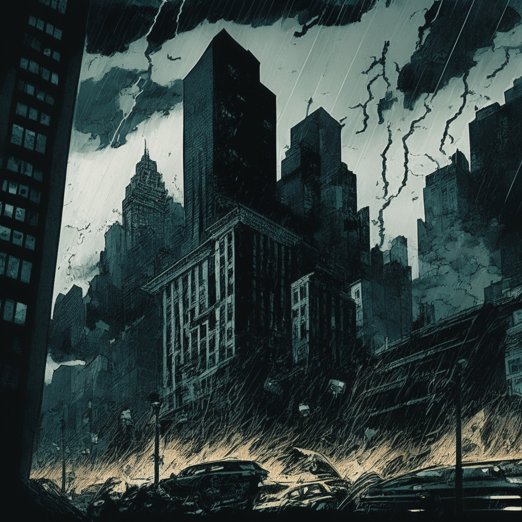 Intricate Banking Crisis Scene: Dimly lit financial district cityscape with a stormy sky, crumbling bank buildings reflecting fragmentation, distressed people depicting panic, ink-like artistic style symbolizing historical data and volatile uncertainty, somber color palette evoking troubled mood, inverted yield curve-powered lightning.