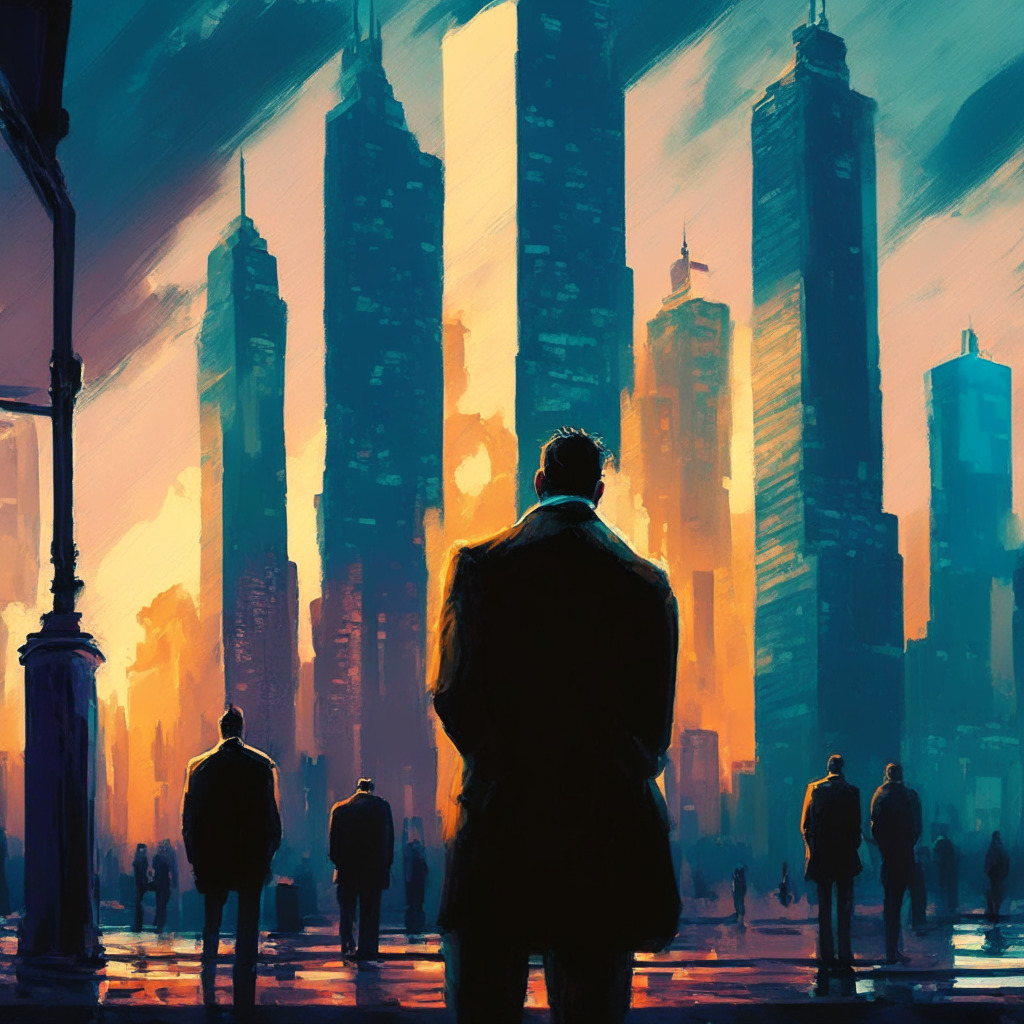 Crypto market stagnation, regulatory uncertainty, banking crisis concerns, twilight city skyline, transitioning from warm to cool color palette, blend of impressionism and realism style, tension-filled atmosphere, fading light in the financial district, figures hesitating between buying and selling, prevailing sense of anticipation.