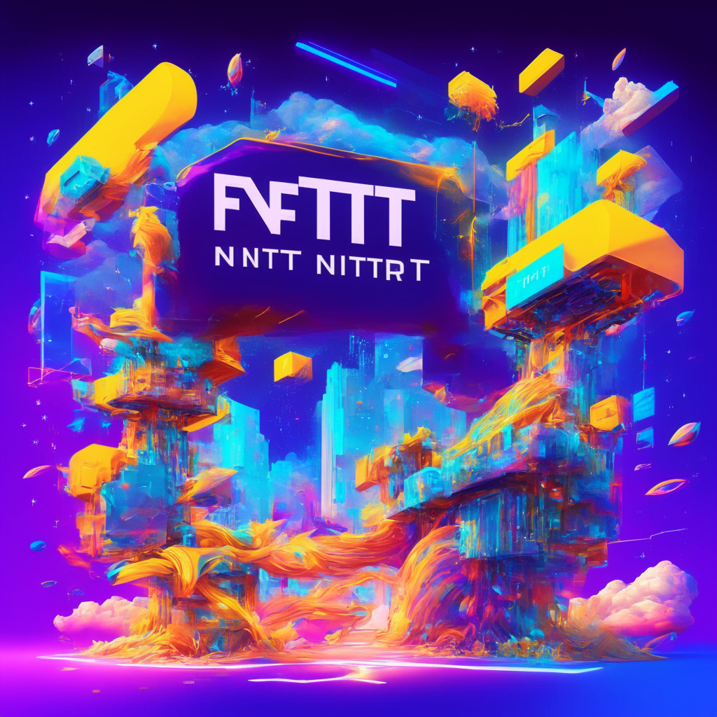 Futuristic NFT platform, dynamic digital assets on various blockchains, creative artists enhancing token utility, real-world applications, embedded loyalty points and ticketing systems, warm vibrant colors, artistic fusion of virtual & physical realms, lively atmosphere, optimistic outlook on NFT advancement.