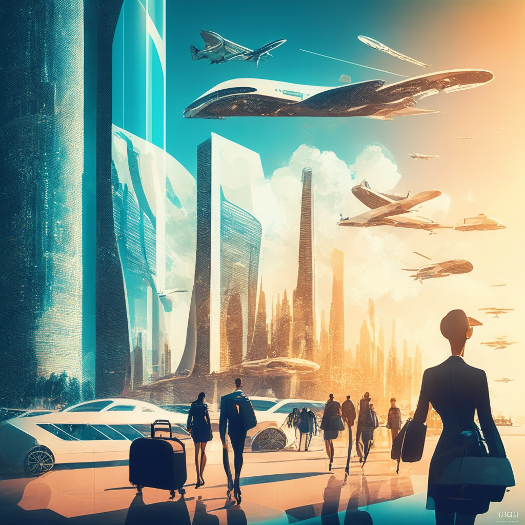 Futuristic travel scene, blockchain-powered transactions, peer-to-peer payments, decentralized Web3 applications, dynamic cityscape, passport storage, efficient hotel bookings, flight tickets, car rentals, warm sunlight, strong sense of innovation, air of progress, interconnected world, personalized travel experience, empowered businesses, reduced intermediaries, dominant grayscale palette, confident mood.