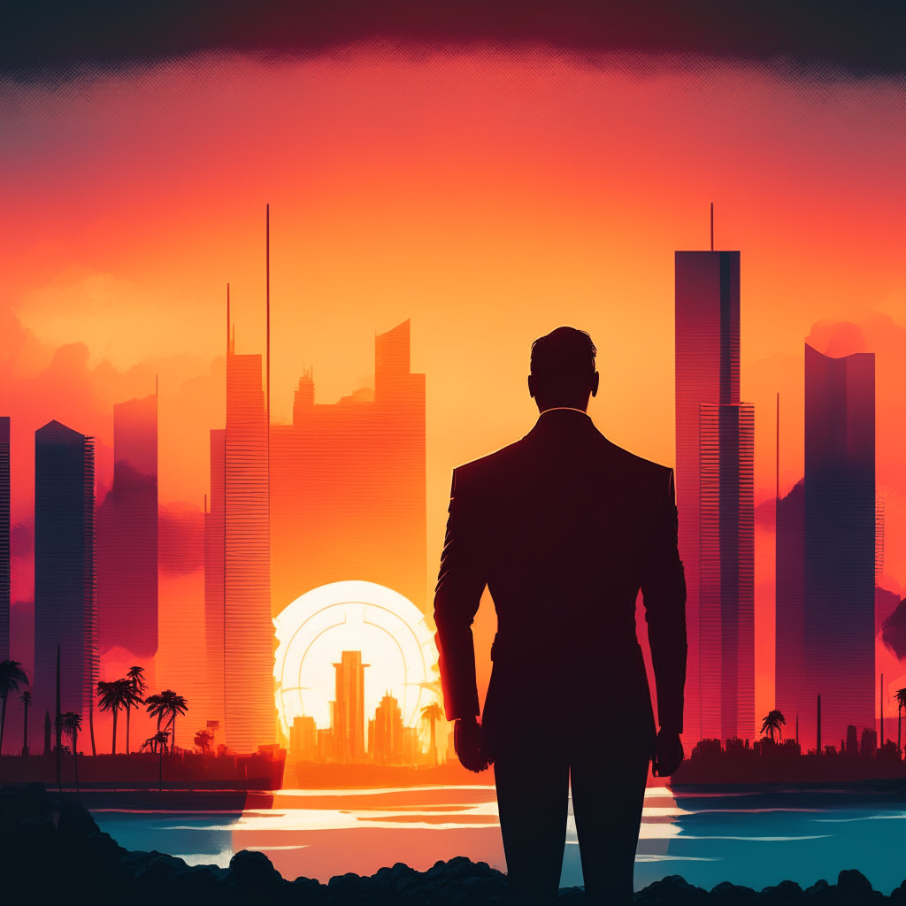 Sunset over a digital cityscape, traditional Bermuda architecture merging with futuristic elements, contrasting warm and cool tones, crypto coins subtly etched into the skyline. Silhouette of a defiant investor facing US regulatory storm, international flags waving in the background, evoking an adventurous, pioneering mood. No logos.