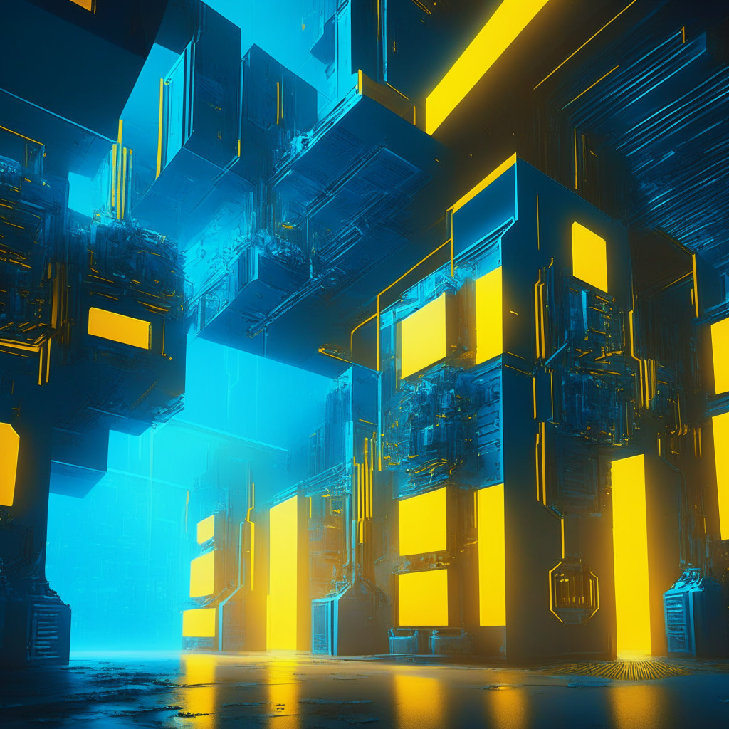 Futuristic crypto mining facility, 4,000 machines glowing in blues and yellows, contrasting light & shadow, modern industrial design, vivid reflections on metal surfaces, abstract geometric structures, atmospheric haze, sense of anticipation, entrepreneurial spirit, blending innovation & challenges.