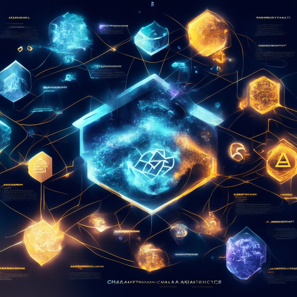 Crypto projects battle for dominance, intricate blockchain design, Avalanche, Cosmos, Collateral Network, warm light highlighting creative infusions, Web3 decentralized platform, luxury assets as collateral, cool-toned vault security, NFTs minted & fractionalized, focused mood reflecting calculated risk & potential gains, spark of hope in competitive market.
