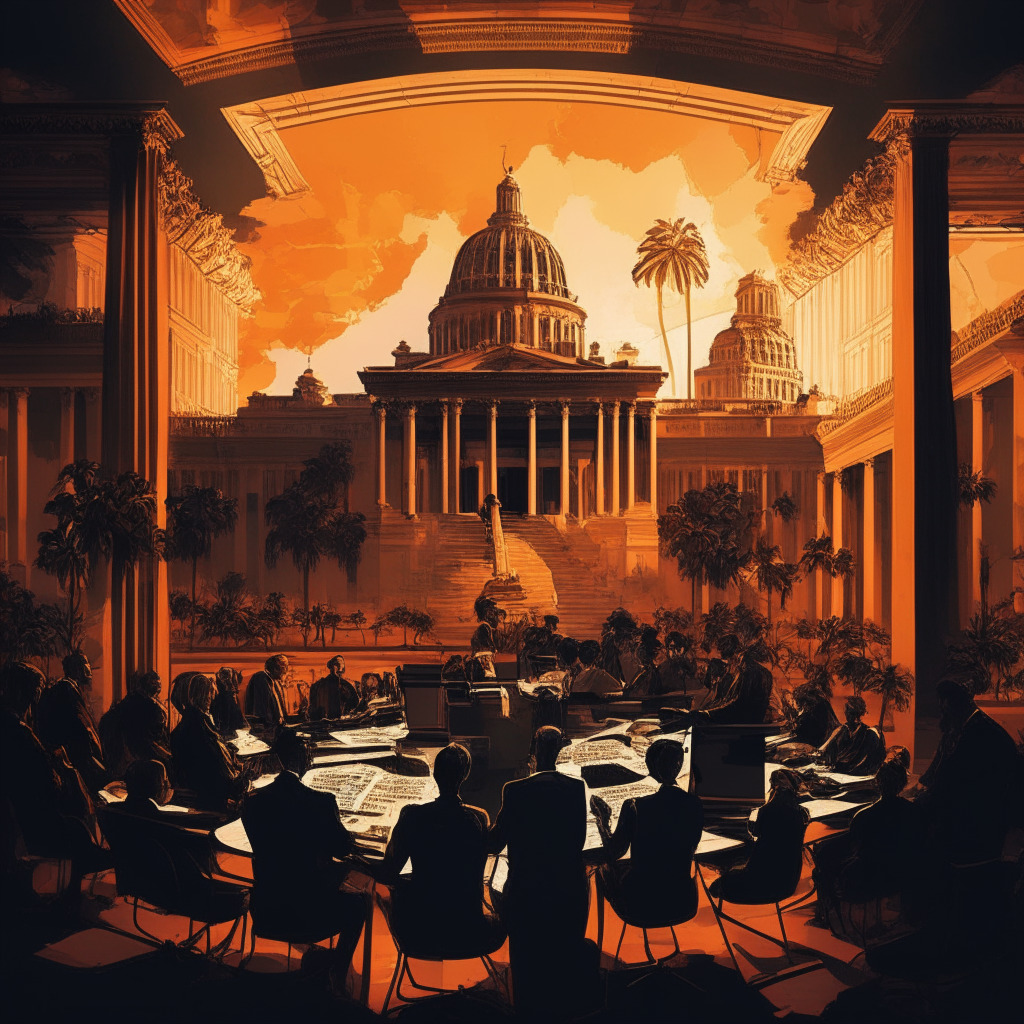 Intricate legislative scene, a mix of realism and abstract art, warm lighting, subtle sunset hues, tense atmosphere, contrasting opinions, Florida Capitol building backdrop, diverse political figures engaged in debate, interwoven hints of technology, privacy and financial sovereignty themes, overall mood of cautious anticipation.