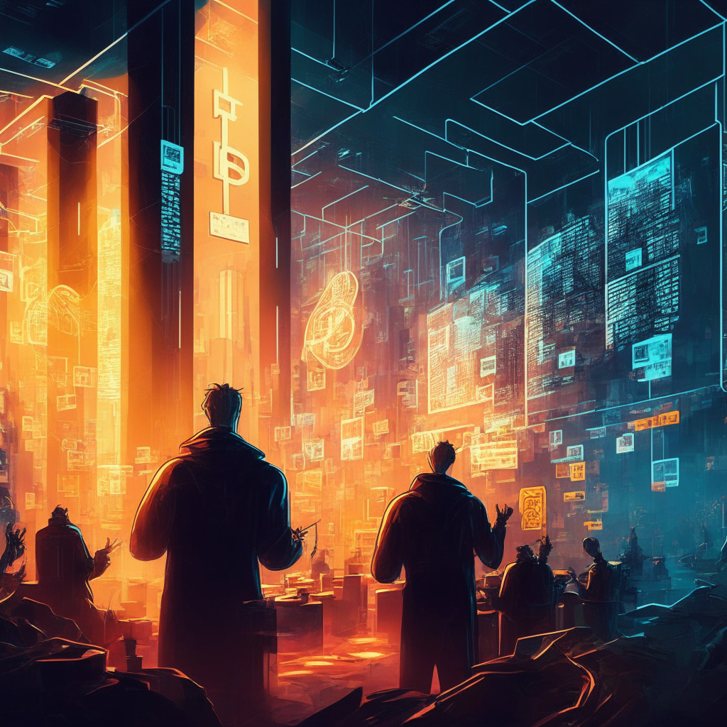 Cryptocurrency exchange in abstract cityscape, contrasting centralized and decentralized structures, warm glow representing trust & security, artistic cyberpunk flair, tense atmosphere as Bitcoin transactions happen, transparent & opaque elements reflecting user experience and risk, Mt. Gox downfall as shadowy reminder.