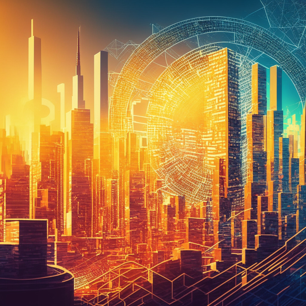 Intricate blockchain network, golden bitcoin coins, futuristic cityscape backdrop, sunrise illuminating skyline, positive mood, subtle hints of uncertainty, transparent financial graphs overlay, stylized crypto trading platform, vibrant colors, Cubist artistic style, dynamic angles, sharp focus on Bitcoin's growth.