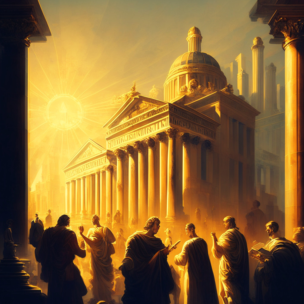 Intricate Renaissance-style painting, warm golden light, a group of diverse investors surrounded by tokenized assets, central figure holding a key, towering financial buildings in the background, elements from healthcare and IT sectors, calm yet hopeful atmosphere, subtle hints of risk with shadows.