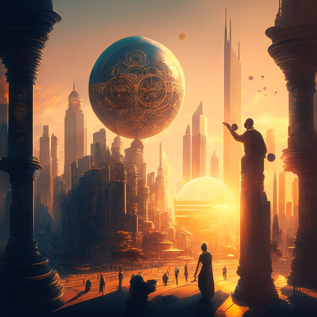 Intricate cityscape with diverse architecture, sun setting with a radiant glow, contrasting shadows, a mix of traditional and futuristic currency symbols in the skyline, a hint of cyberpunk aesthetic, people exchanging coins with globe in the center. Mood: intricate, cautious optimism, dynamic regulation, juxtaposition of progress and insecurity.