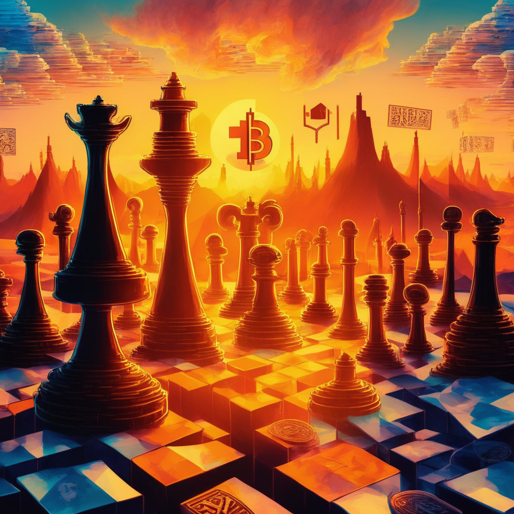 Cryptocurrency market discovery, narrowing wedge pattern, vibrant digital landscape, Bitcoin potential surge, dramatic sunset, $35,000-$36,000 milestone, warm tones, 20% gain, US banking crisis backdrop, chess pieces representing financial decision-makers, buybacks theme, heightened emotions, caution, optimism, and unpredictability.