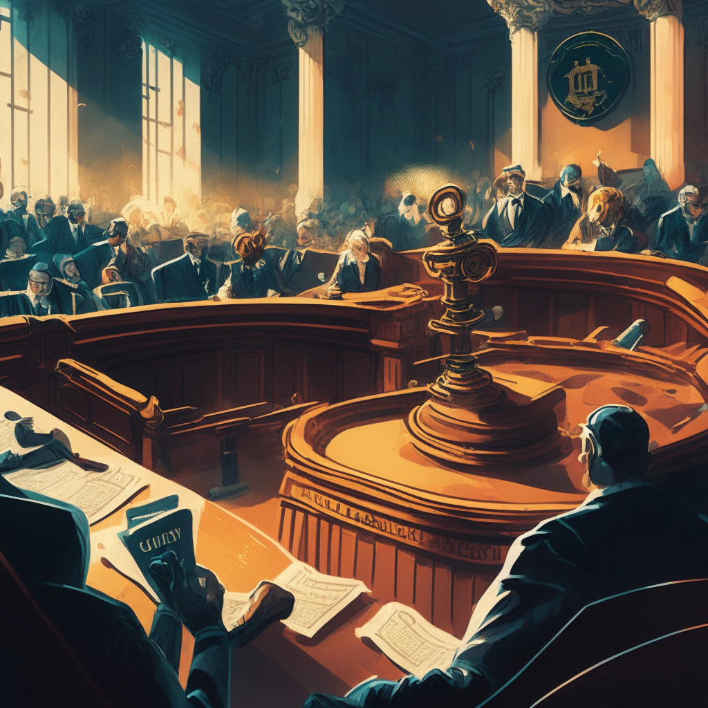 Courtroom scene with tense atmosphere, judge's gavel striking, depth of field focusing on Coinbase and SEC representatives, digital assets and regulations documents scattered, contrasting colors reflecting decisive turning point, soft light emphasizing legal battle's impact on crypto industry, intricate baroque-style details symbolizing complex regulatory landscape.