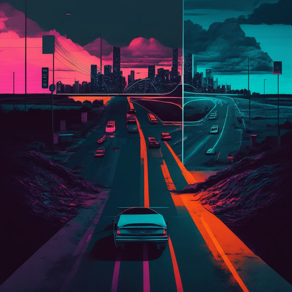 North Carolina CBDC ban, dusk-lit landscape, divided highway, contrasting artistic style, vibrant colors vs grayscale, intense mood, digital currency battle, autonomously driven vehicles, futuristic financial district, traditional bank fading in distance, anonymous individual symbolizing privacy.