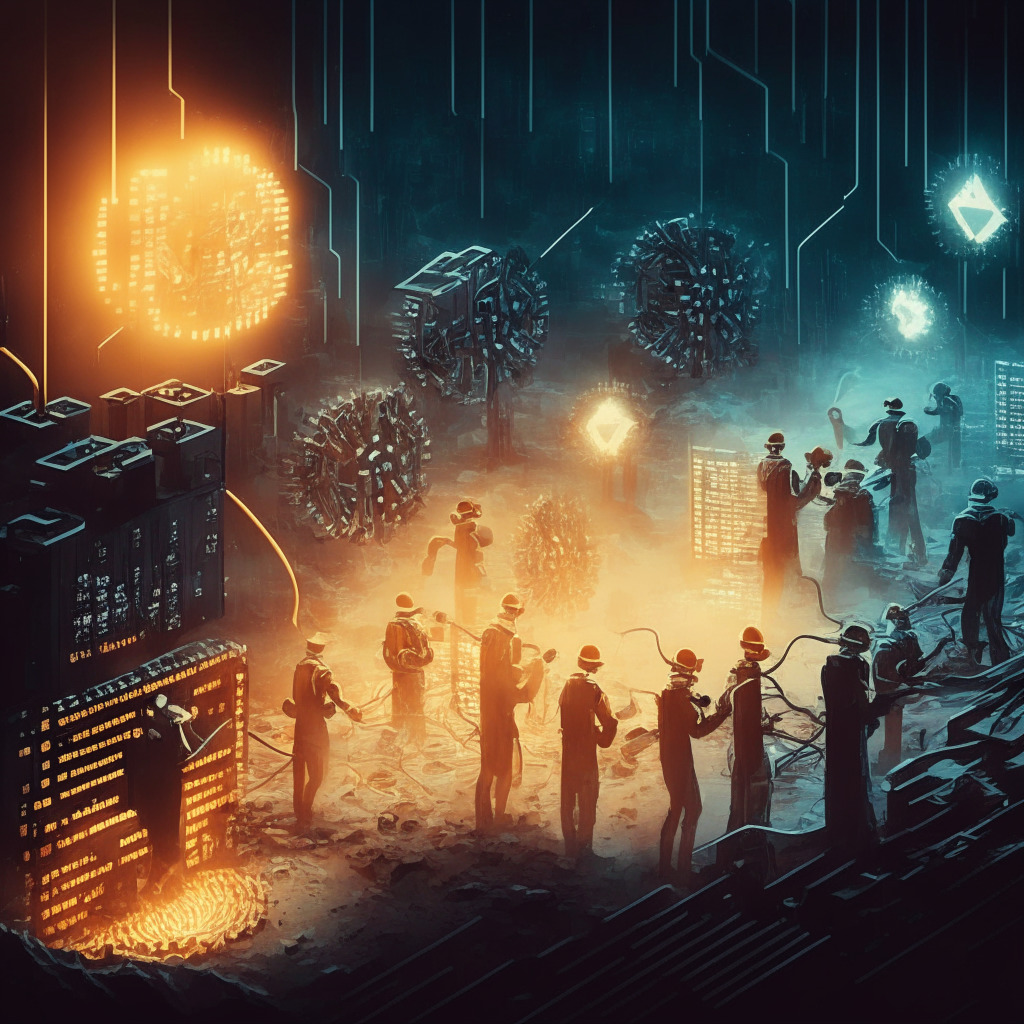 Cryptocurrency mining scene with diverse group of miners working together under dim, warm light, expressing relief and uncertainty, digital gears and blockchains to represent sophisticated mining equipment, fluctuating crypto charts with a subtle downtrend in the background, an intense competitive atmosphere, and a mysterious haze as a symbol of an unpredictable future.
