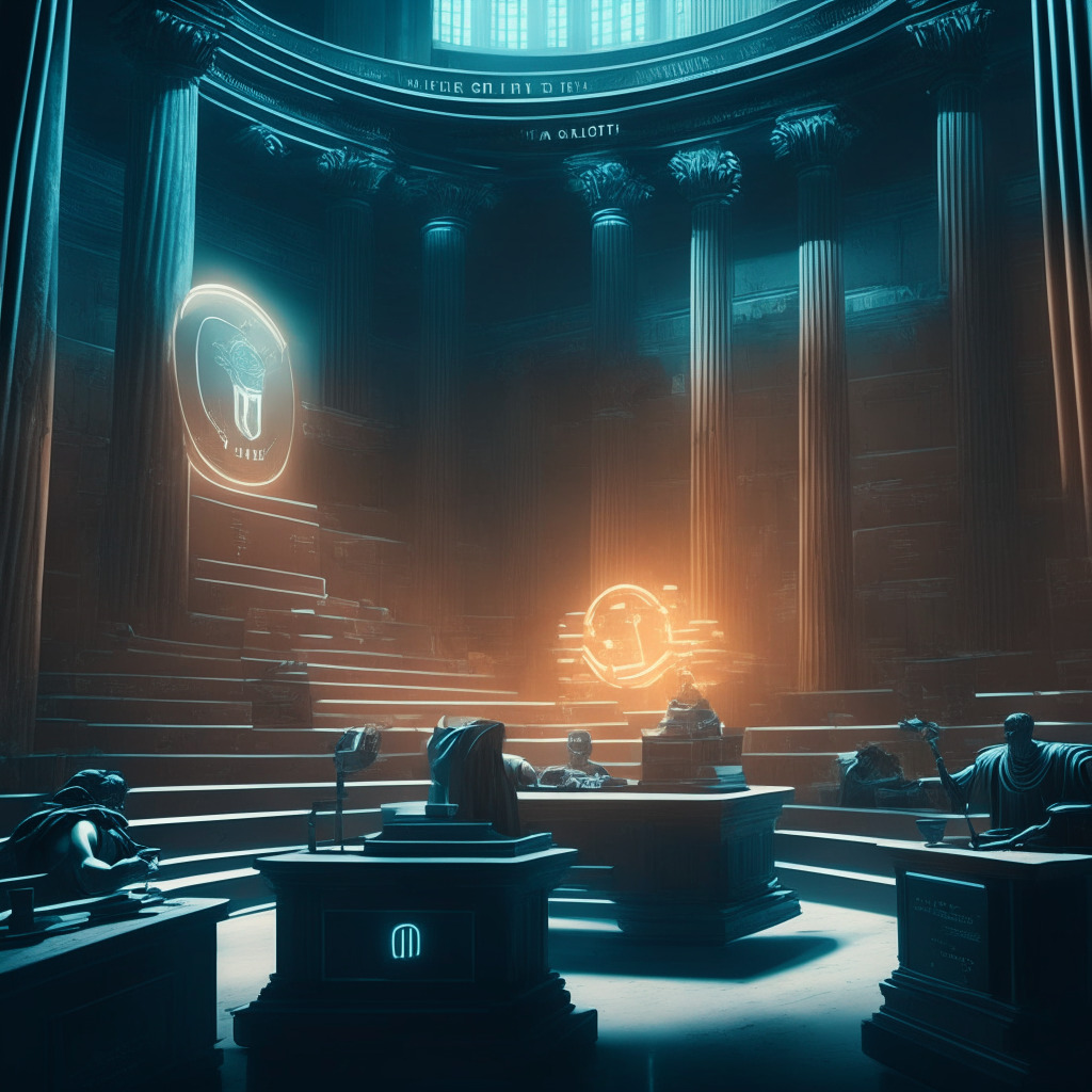 A tense legal battle scene in a digital courtroom, crypto tokens and traditional gavel contrast, soft yet dramatic lighting, cyberspace and ancient Rome blending, permeating mood of uncertainty and adaptation, a clever NFT incorporation, struggling regulations amongst futuristic innovation.