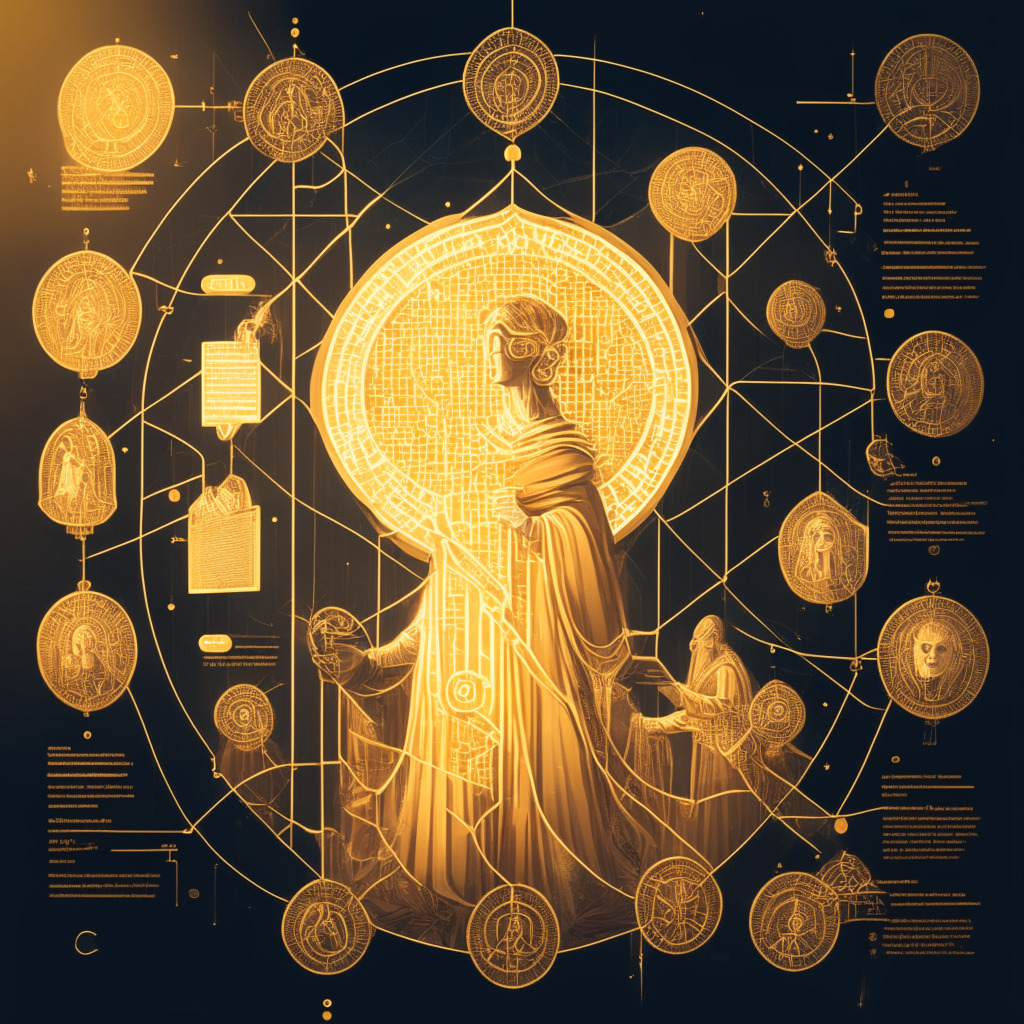 Intricate web of credentials on a digital platform, Renaissance-style illustrations, golden light, cryptographic elements, sense of trust & empowerment, mood of innovation & privacy, figures representing KYC & KYB processes evolving, Polkadot parachain in the background.