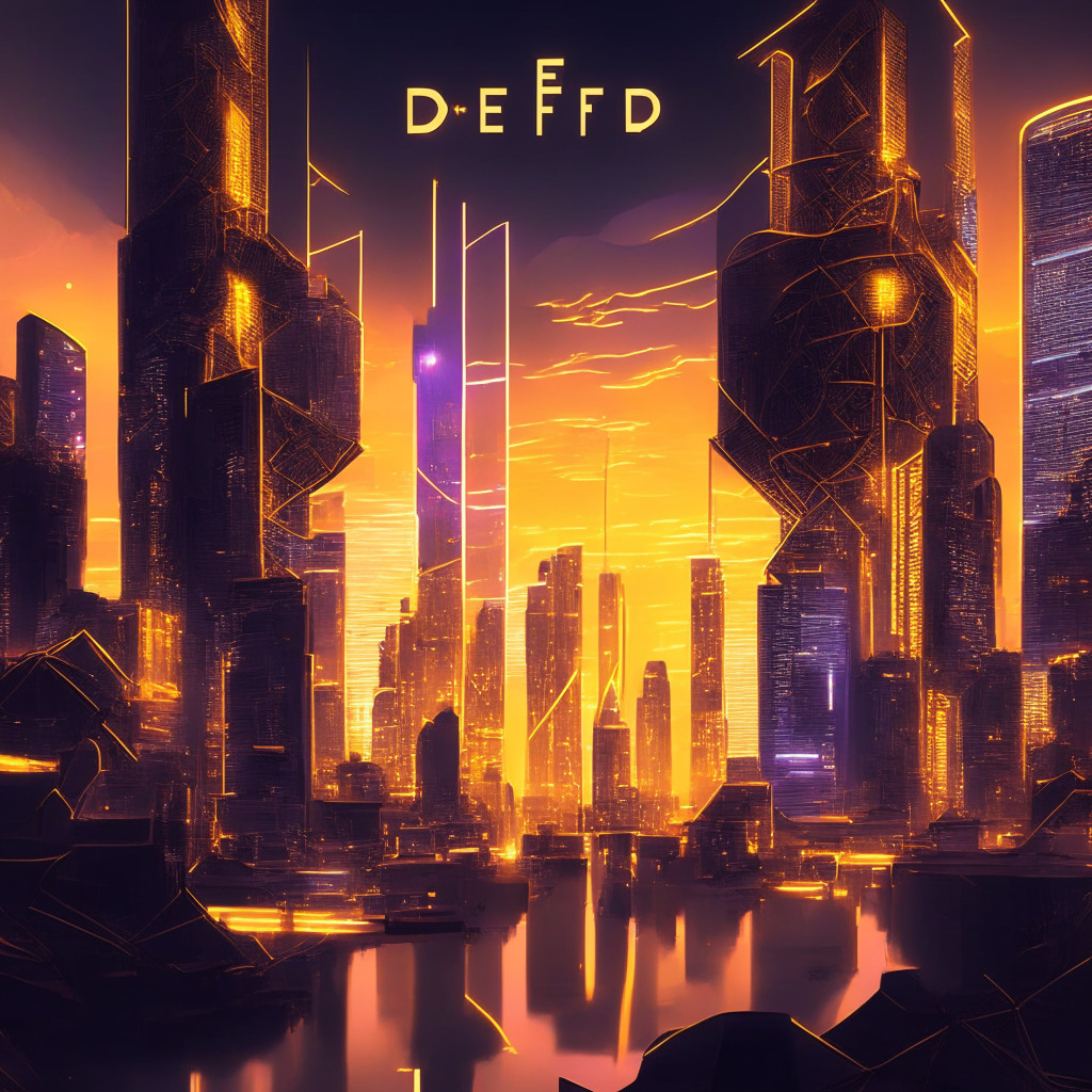 Futuristic DeFi cityscape, Chronos DEX milestone celebration, golden hues, twilight sky, sleek decentralized structures, glowing $217 million symbol, Arbitrum blockchain energizing the city, layers of trading platforms, animated market makers, sense of growth and expansion, hints of risk in the form of lurking shadows, overall mood of optimism and progress.