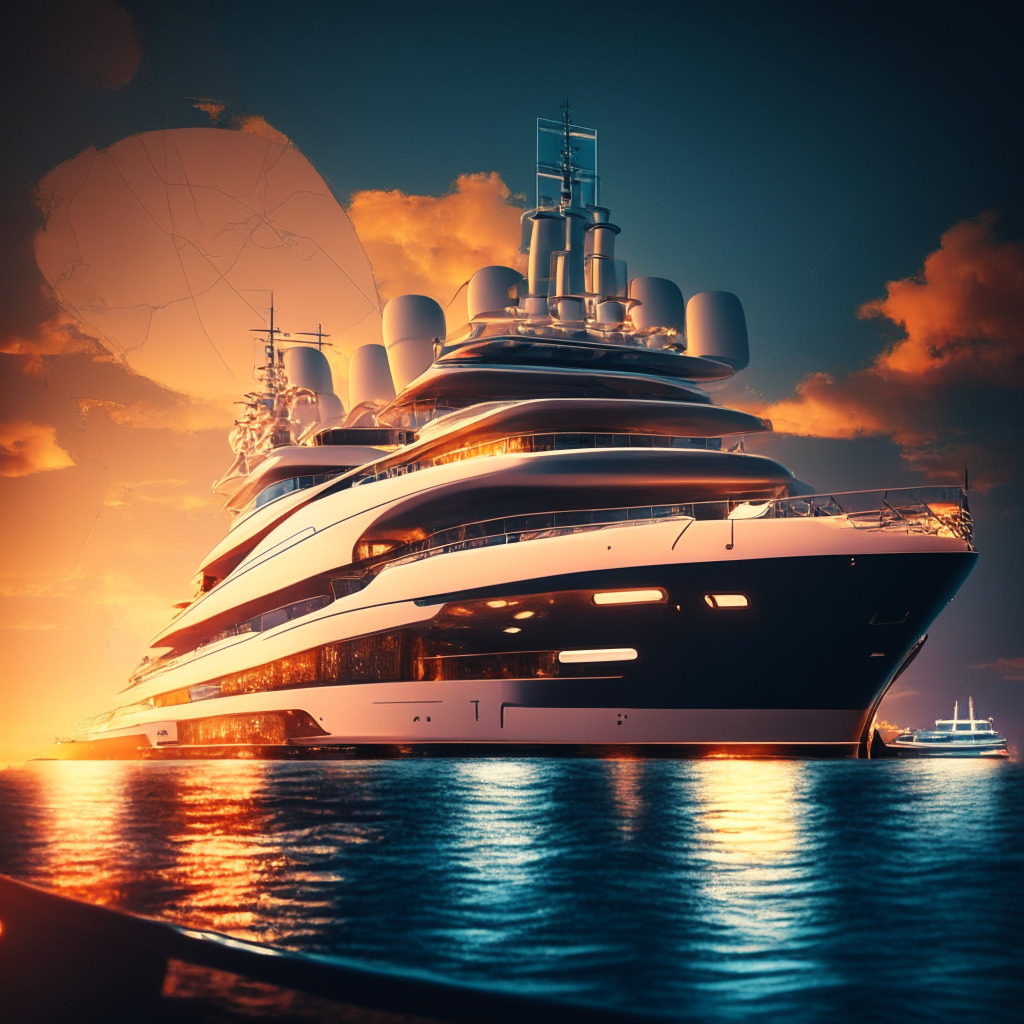Sunset-lit marina, luxurious yacht with investors onboard, stylistic Art Deco approach, ambient glow on modern UI screens depicting rising charts, relaxed yet powerfully charged atmosphere, background with world map and NFT yacht fractions, sense of exploring high-potential opportunities in investment diversification.