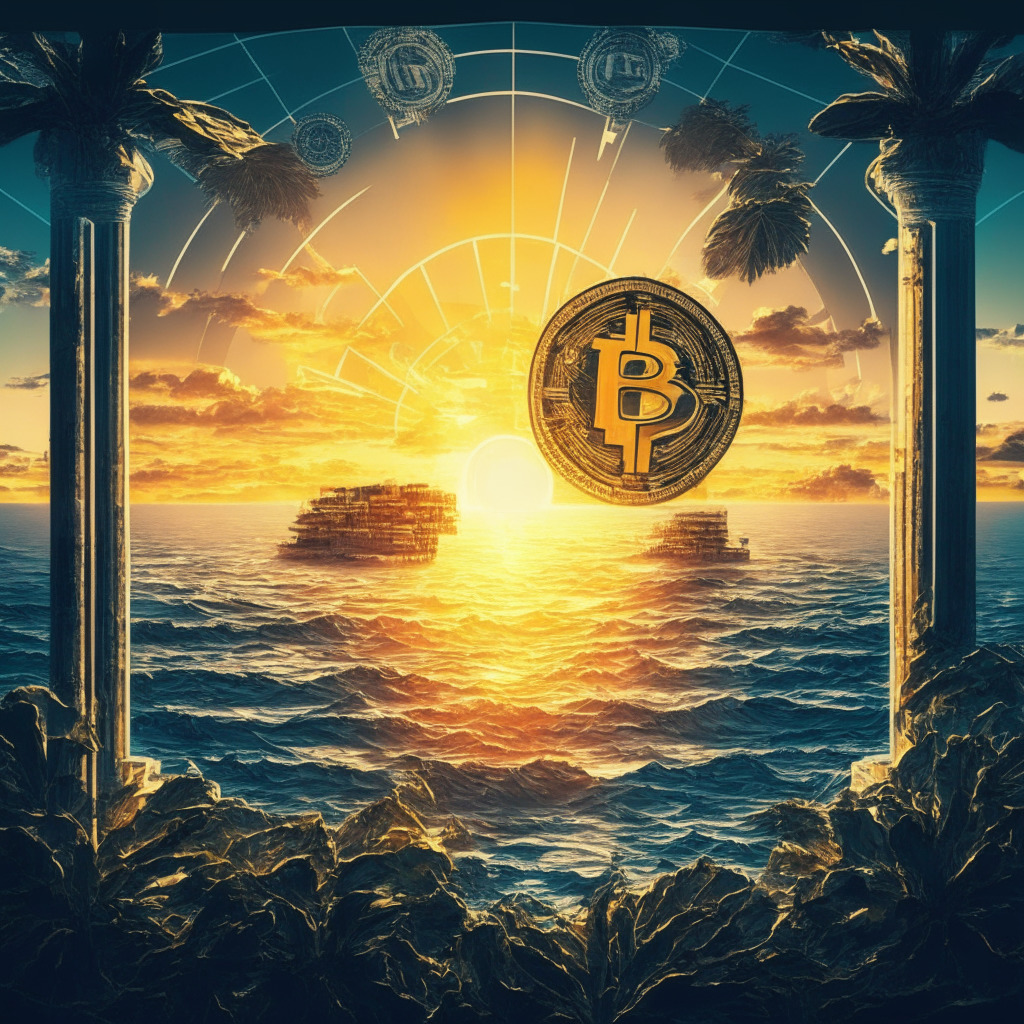 Cryptocurrency exchange amidst complex regulations, intricate blockchain design, sun setting over Bermuda, futuristic trading platform, contrast between shadows and light, artistic expression of cooperation and transparency, mood of optimism and pursuit of growth.