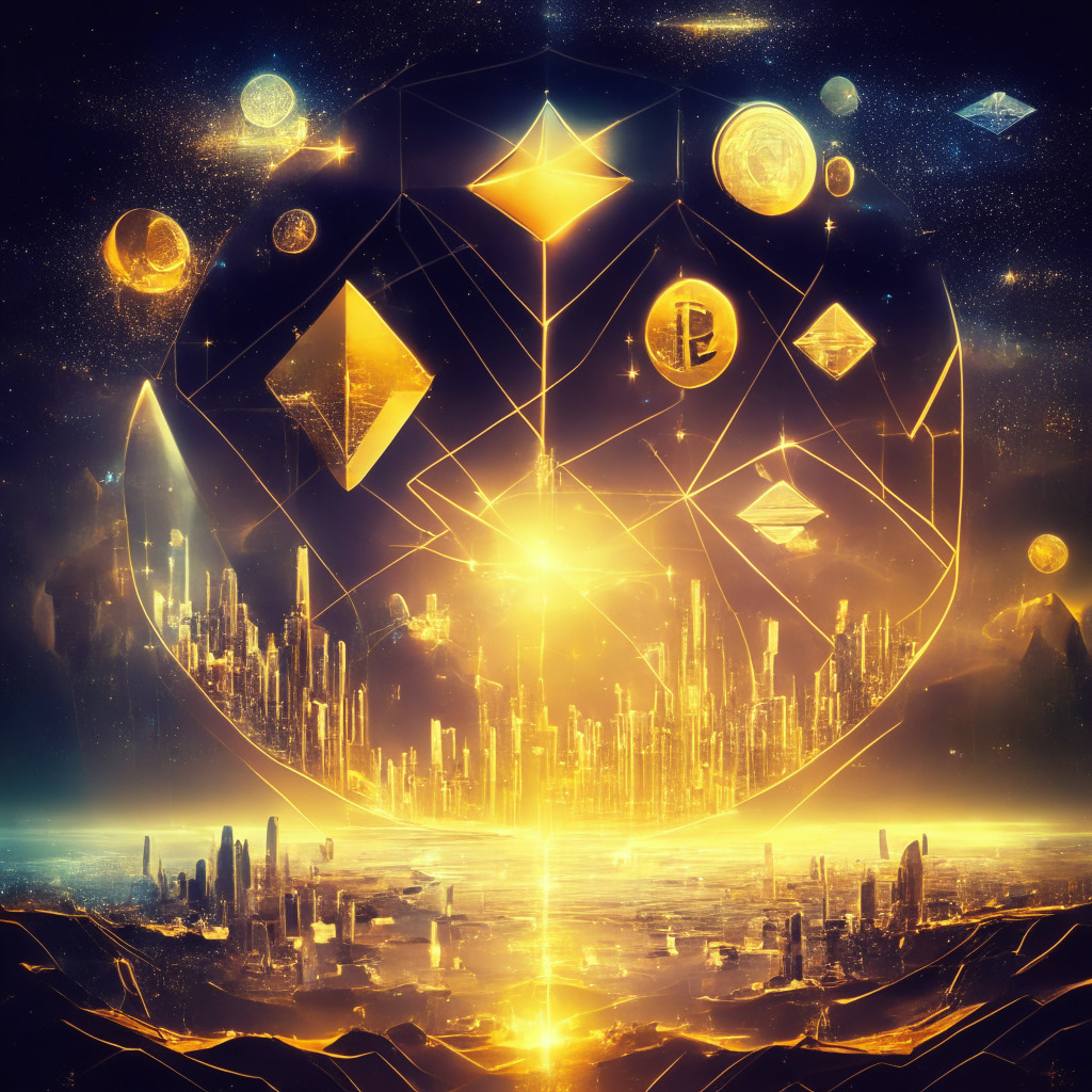 Futuristic financial landscape, Ethereum, Cosmos, Collateral Network tokens, interconnected blockchains, digital loans with physical assets, soaring price growth, ethereal cosmic background, warm golden lighting, atmosphere of innovation and potential, emboldened yet vigilant investors.