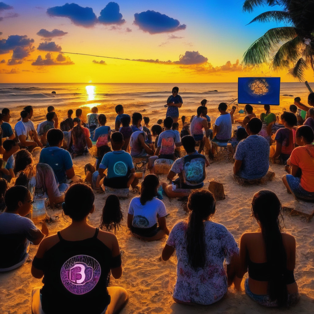 El Salvadoran crypto education scene, Bitcoin Beach community, students learning about bitcoin, empowerment through cryptocurrency, festive and uplifting atmosphere, warm sunset lighting, painting-like style with vibrant colors, a sense of hope for the global economy, focus on collaboration and knowledge-sharing.