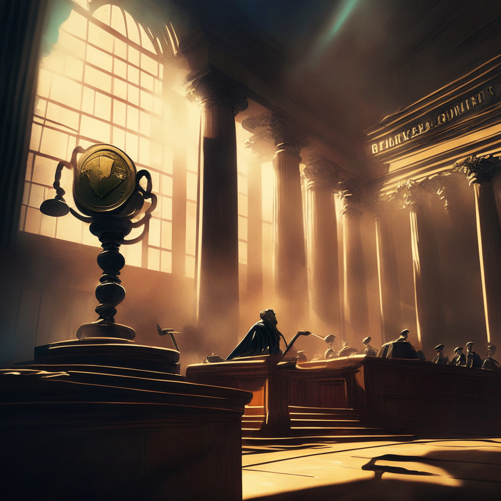 Gavel striking on a courthouse podium, moody lighting illuminating distressed investors, radiant ray of hope emanating from LedgerX sale, neutral shades contrasting with colorful crypto coins, tense atmosphere, an air of uncertainty sweeping through the scene, shadows of crypto exchanges' credibility subtly present, a sense of vigilance in the background.