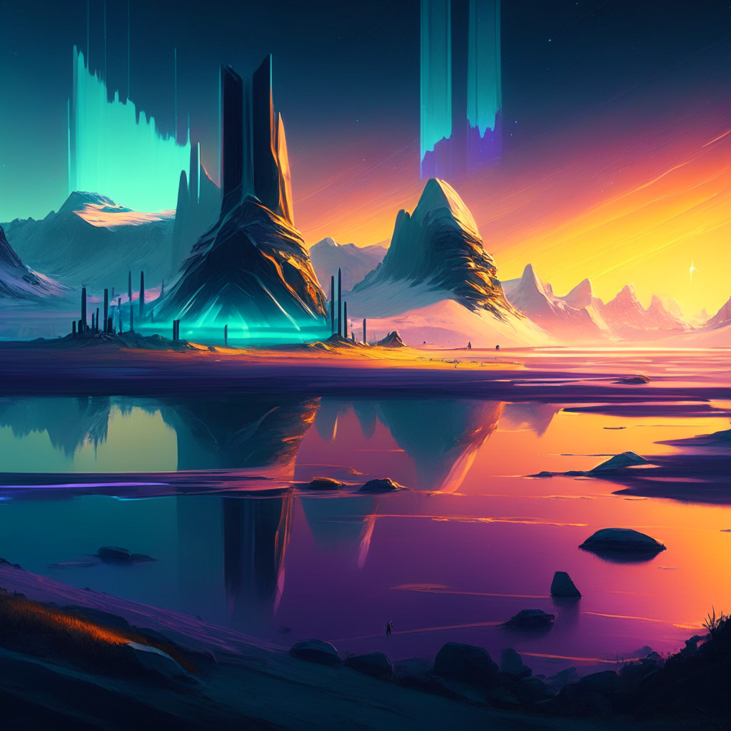 Northern landscape with futuristic blockchain elements, aurora borealis lighting, contrasting warm and cold, evening glow sky, hints of modern architecture, merging traditional and tech worlds, a touch of impressionism, illuminating central focal point, subtle interplay of shadows, evoking curiosity and serenity, diverse eco-systems, harmonious coexistence.