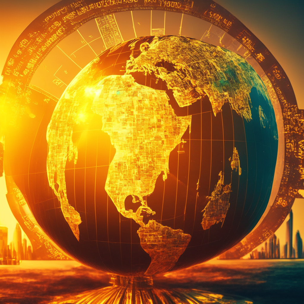 Crypto exchange in golden hour light, artistic style, soaring revenue graph, expansion to Bermuda, balancing optimism with caution, stricter regulations in background, globe symbolizing global framework, mood expressing uncertainties and potential growth.