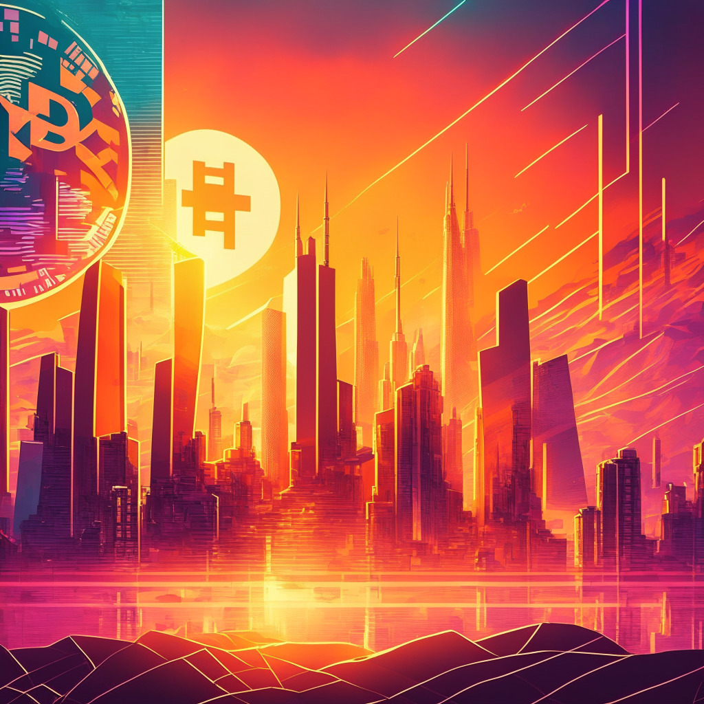 Futuristic fintech landscape, soaring Bitcoin, potential risks hovering, vibrant city backdrop, radiant sunset hues, digital currency symbols, fluctuating graphs, optimistic yet cautious atmosphere, thought-provoking visual, surreal artistic style, dynamic light and shadow interplay.