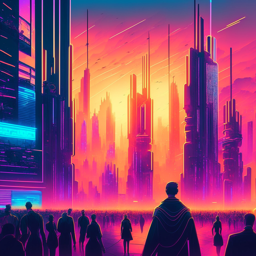 Futuristic crypto cityscape, glowing neon lights, diverse crowd learning & engaging with digital screens, Art Deco style, soft sunset hues, air of optimism & growth, seamless blend of finance, art & technology, vividly capturing DeFi, NFTs, and blockchain adoption journey.