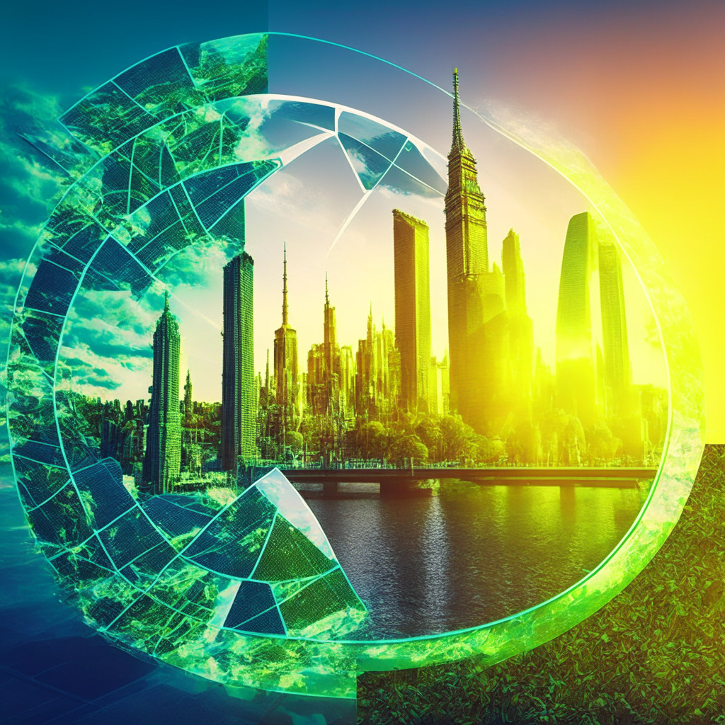 Crypto custodian & green initiative, London cityscape, carbon-neutral office, vibrant colors, net-zero emissions, intertwining tech & nature, solar panels, modern business people, digital currency symbols, futuristic, soft sunrise, ethereal glow, uplifting, balance & harmony, demonstrating climate accountability, fostering sustainability.