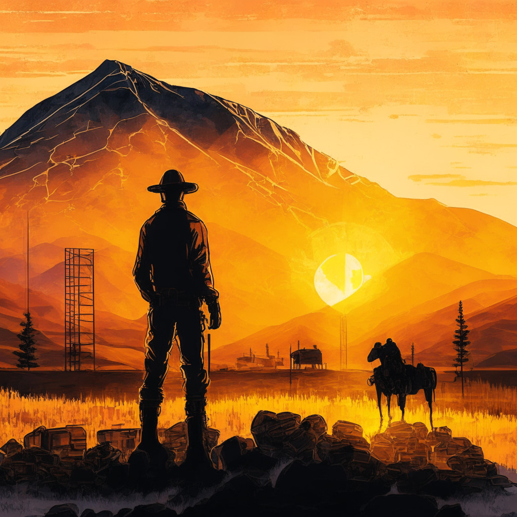 Montana crypto-mining protection, sunset over mountainous landscape, artistically sketched, peaceful mood, warm hues, miner silhouette, blockchain imagery, delicate balance between innovation and oversight, energy-efficient mining technology, state legislation in the background.
